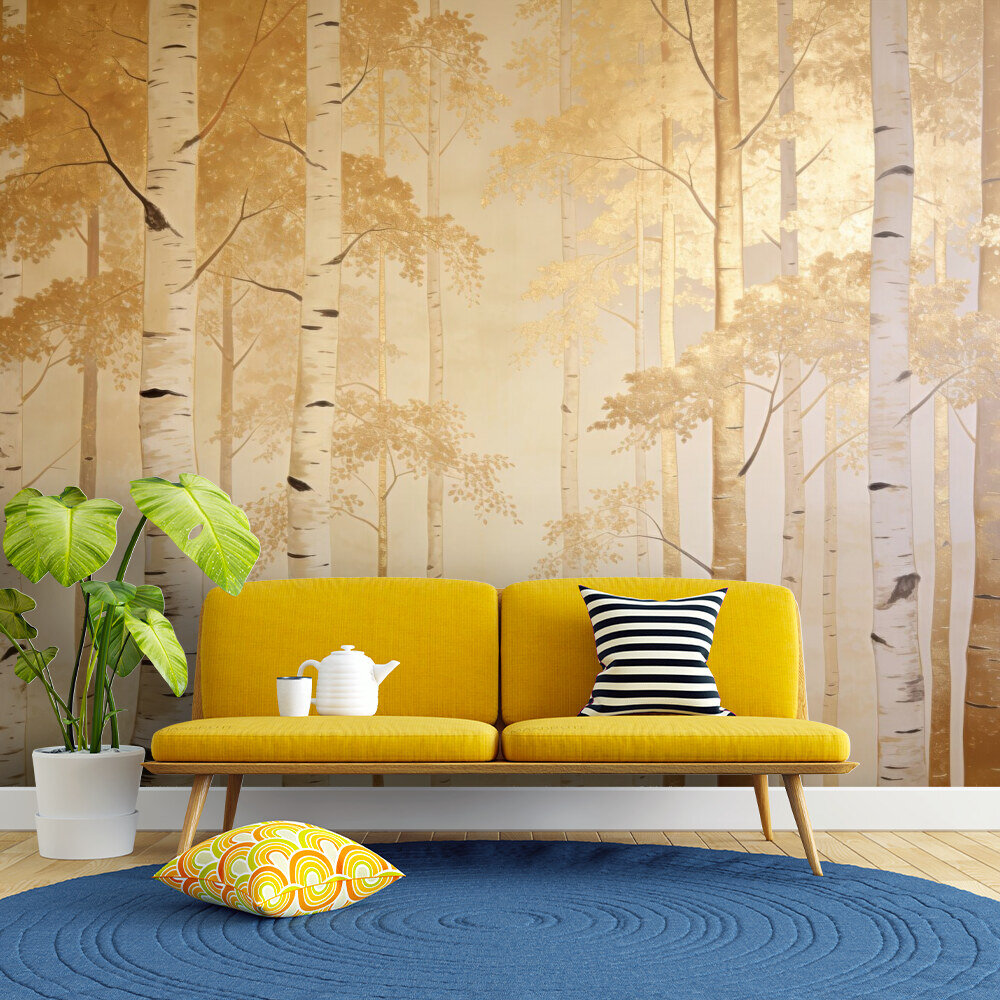 Golden Birch Forest Wall Mural - Luxury Beige Nature Wallpaper