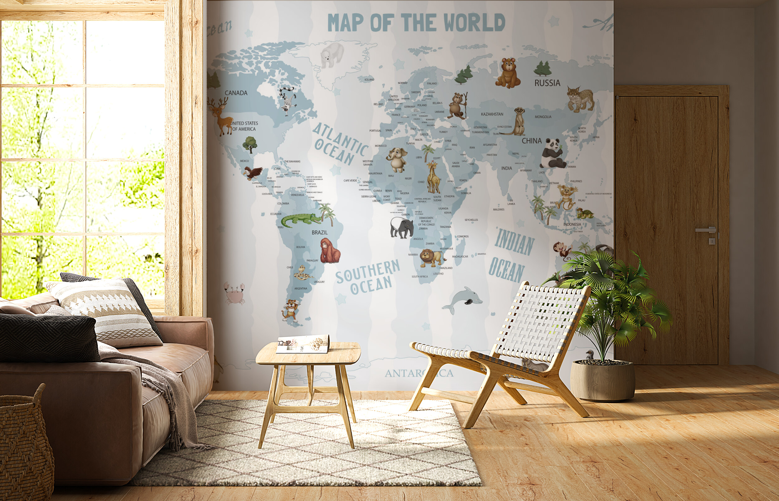 Animal World Map Mural