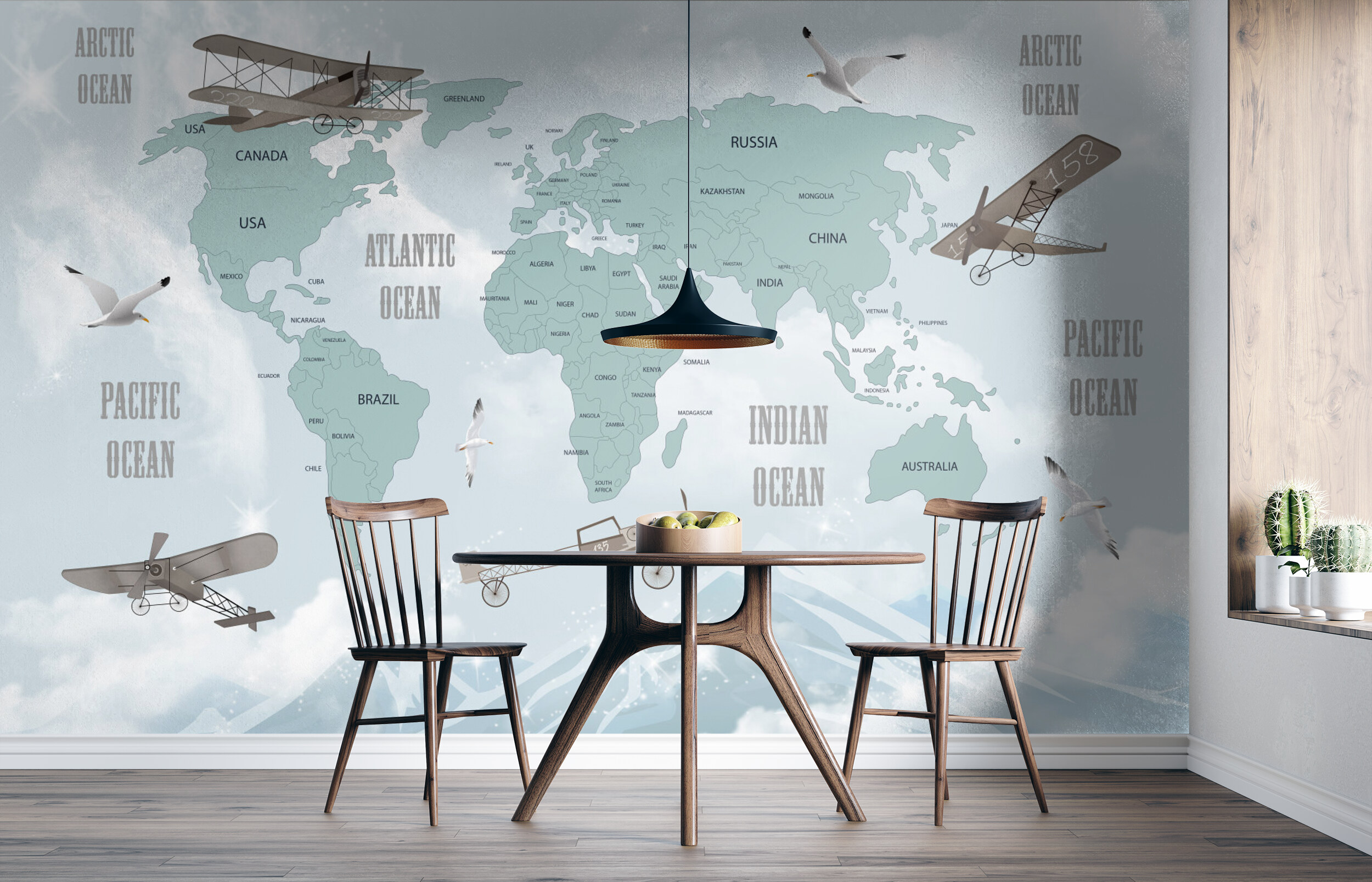 Vintage World Map with Classic Airplanes