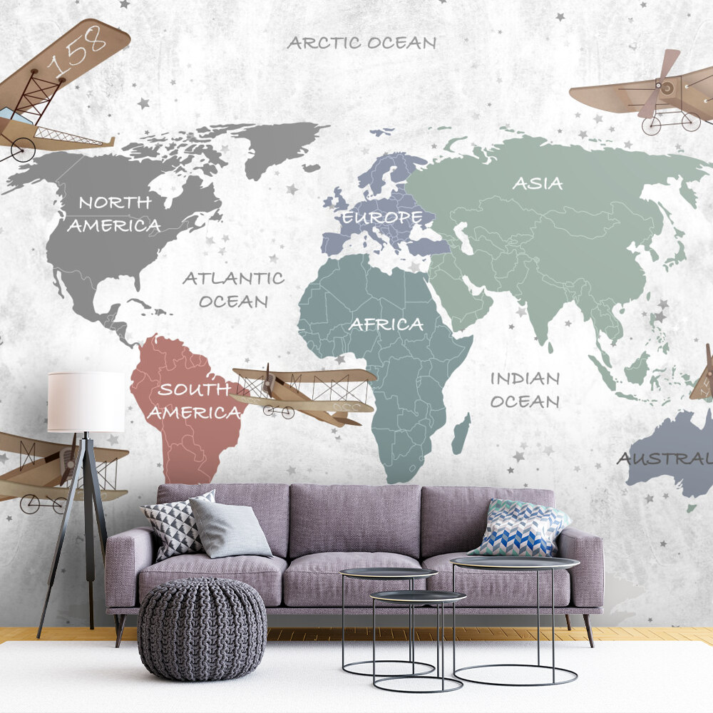 Vintage World Map with Airplanes