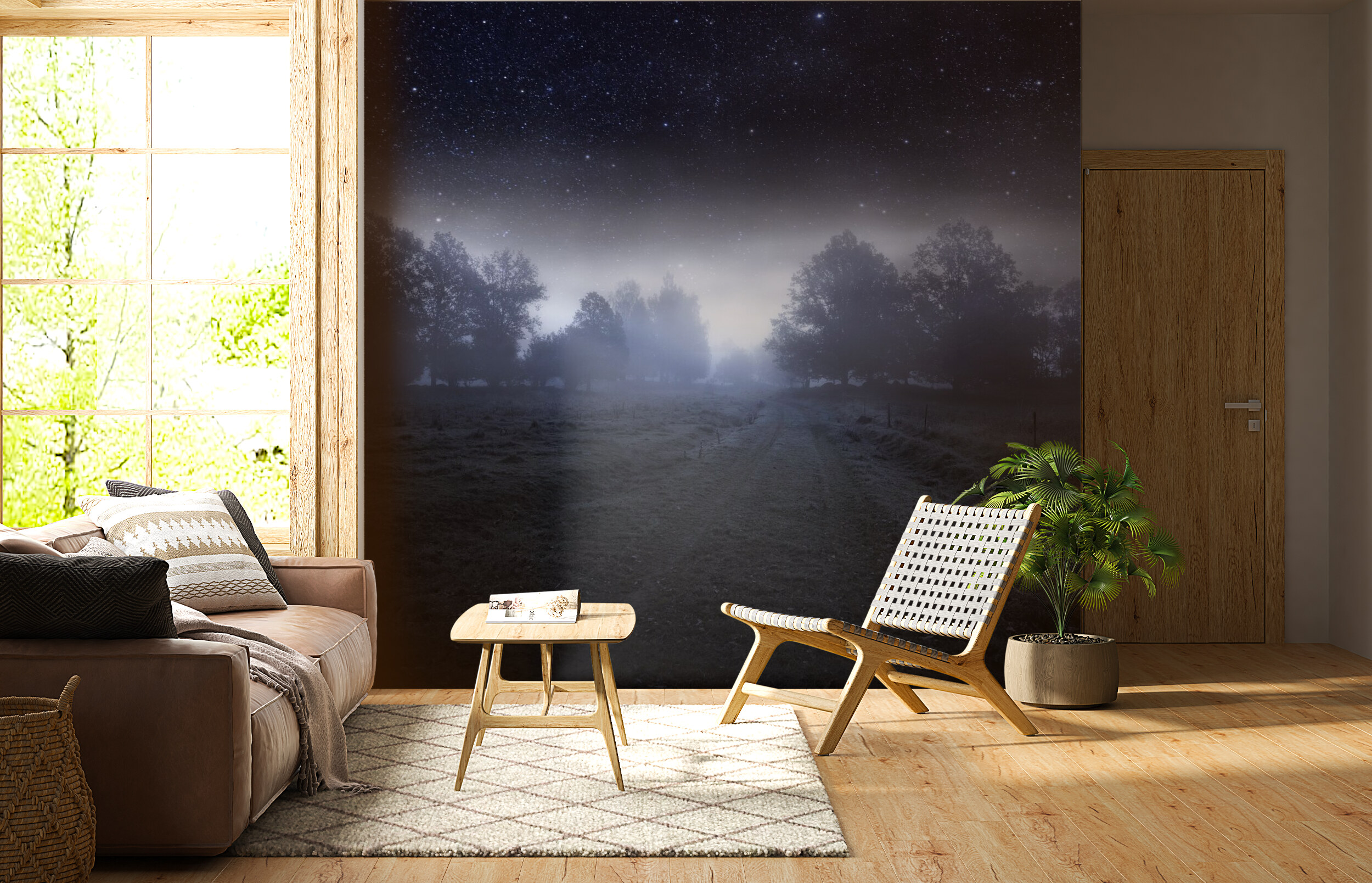 Starry Night Over Misty Forest