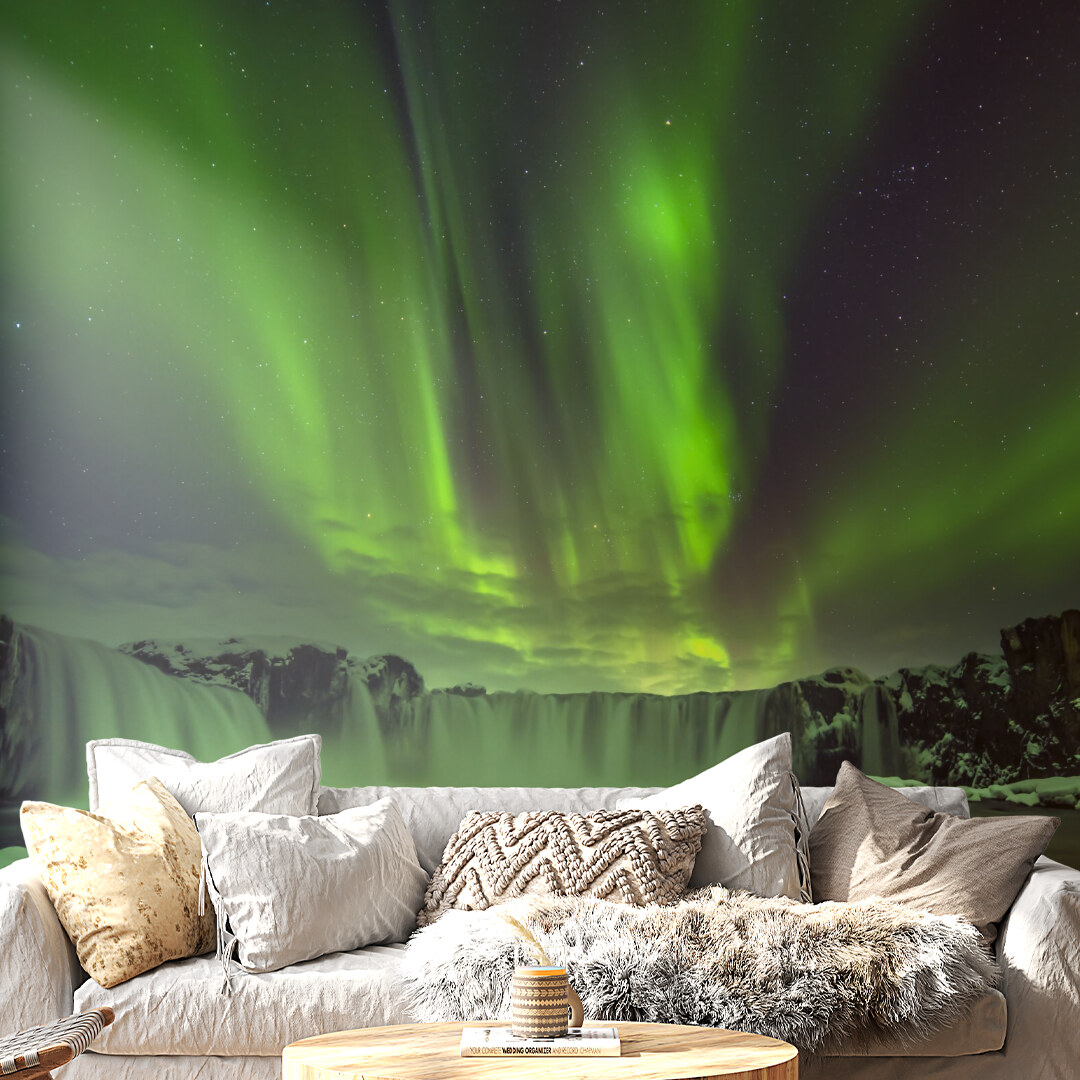 Mystic Northern Lights Over Waterfall