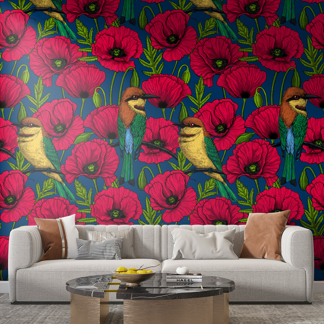 Blooming Poppies and Kingfishers
