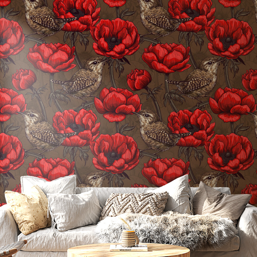 Rustic Red Poppies and Birds