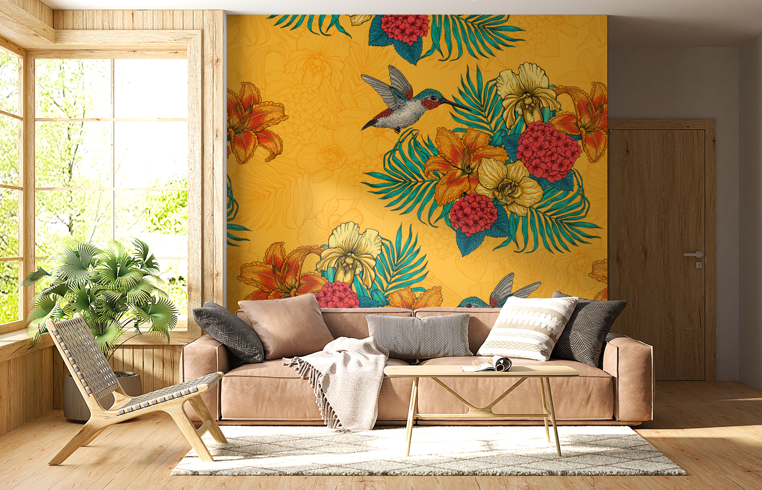 Hummingbirds and tropical bouquet in yellow