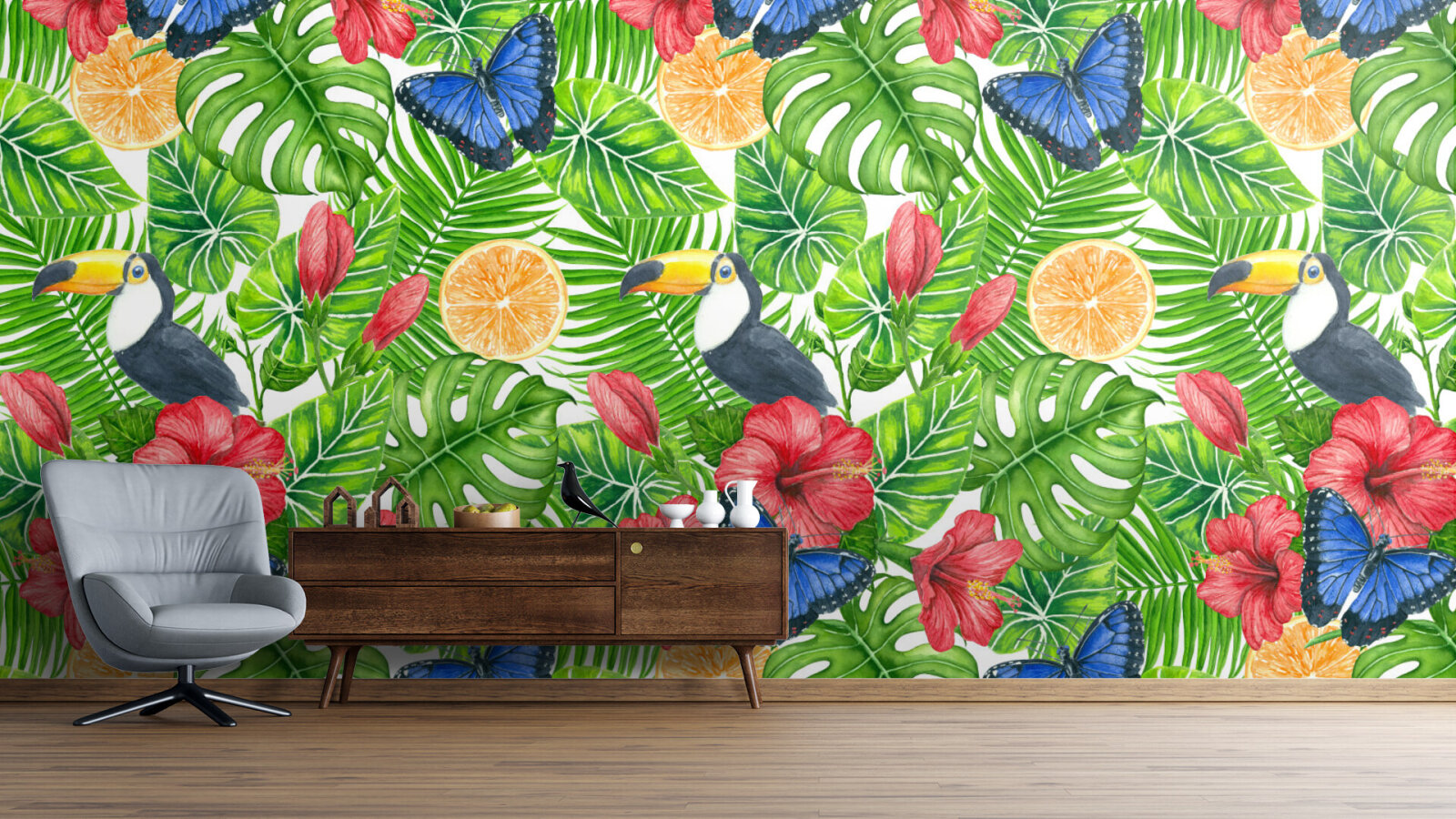 Toucan and tropical garden watercolor