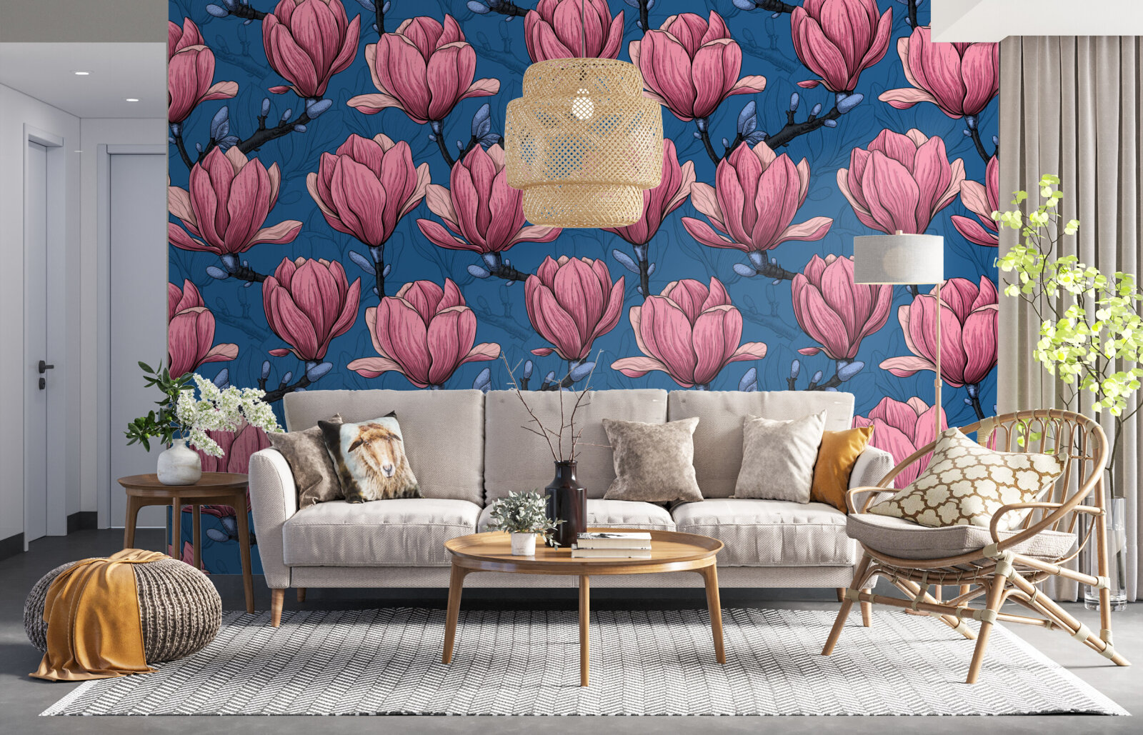 Magnolia garden on blue