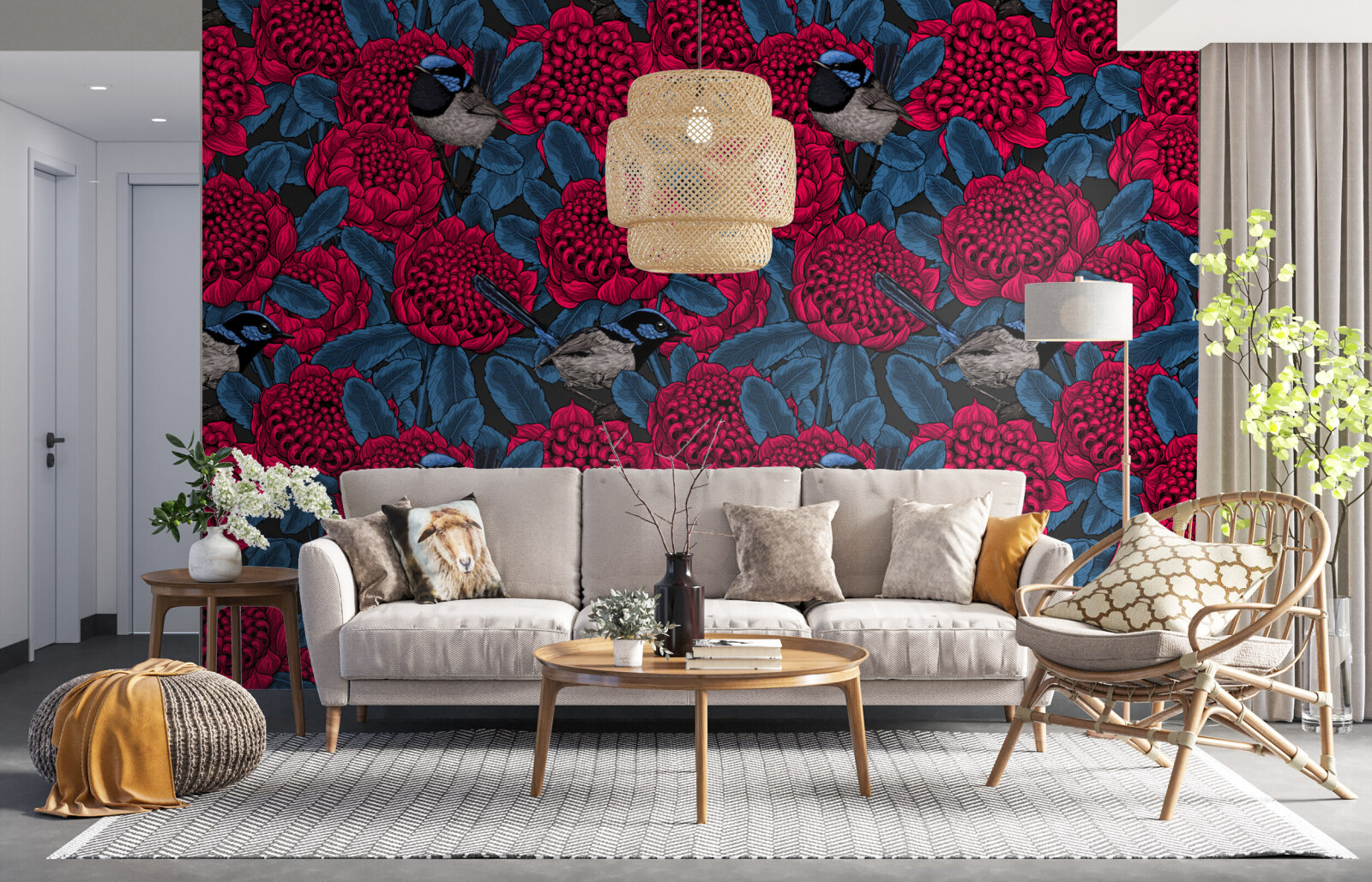 Red Waratah and Fairy Wrens