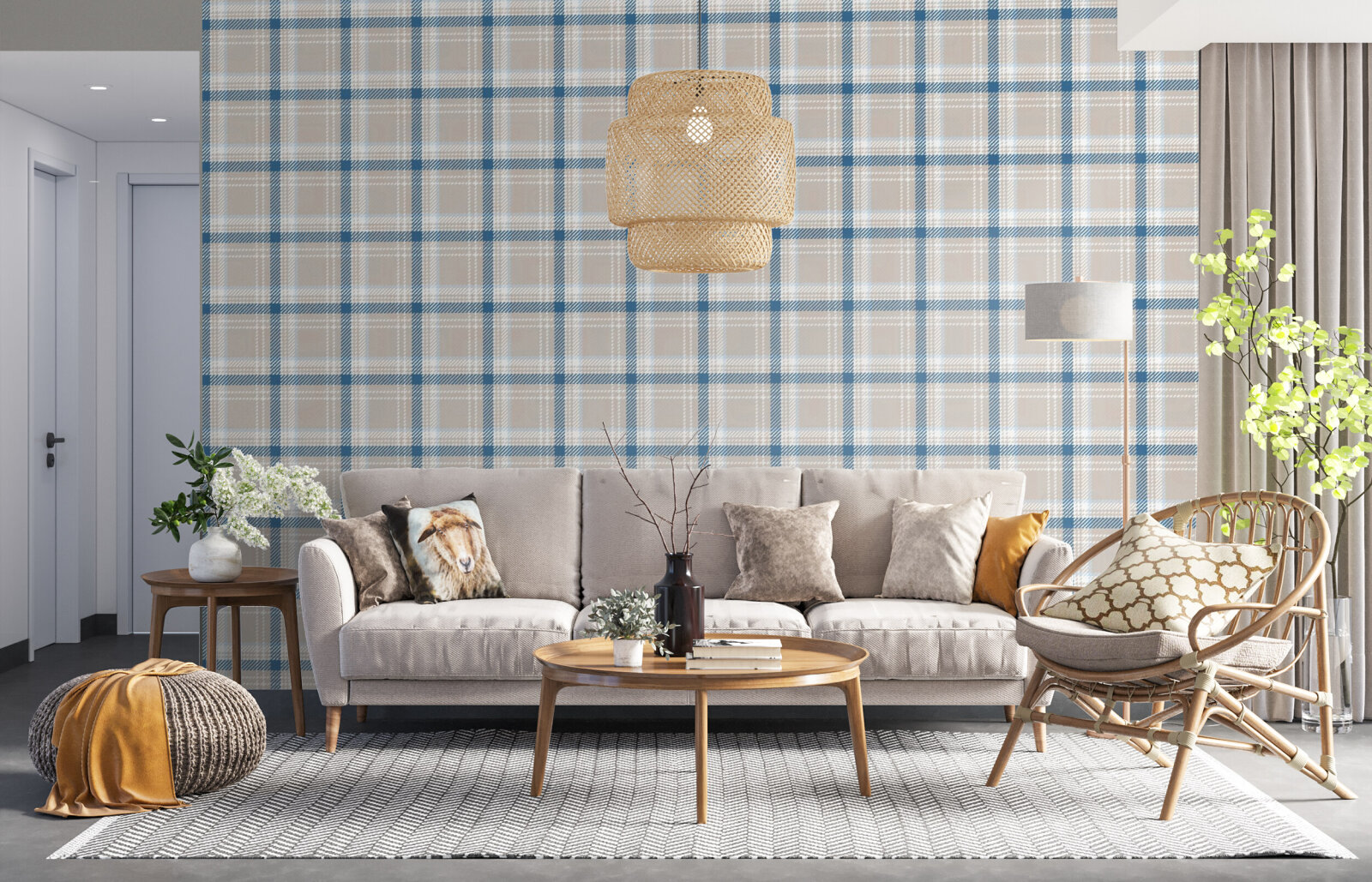 Tartan plaid greige blue white