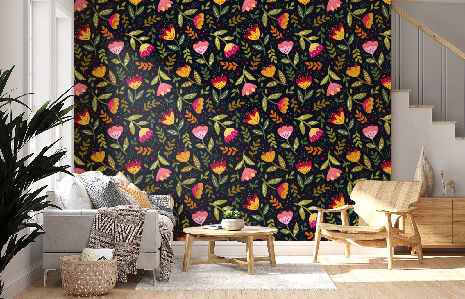 Modern scandi flowers on black background - folk floral pattern