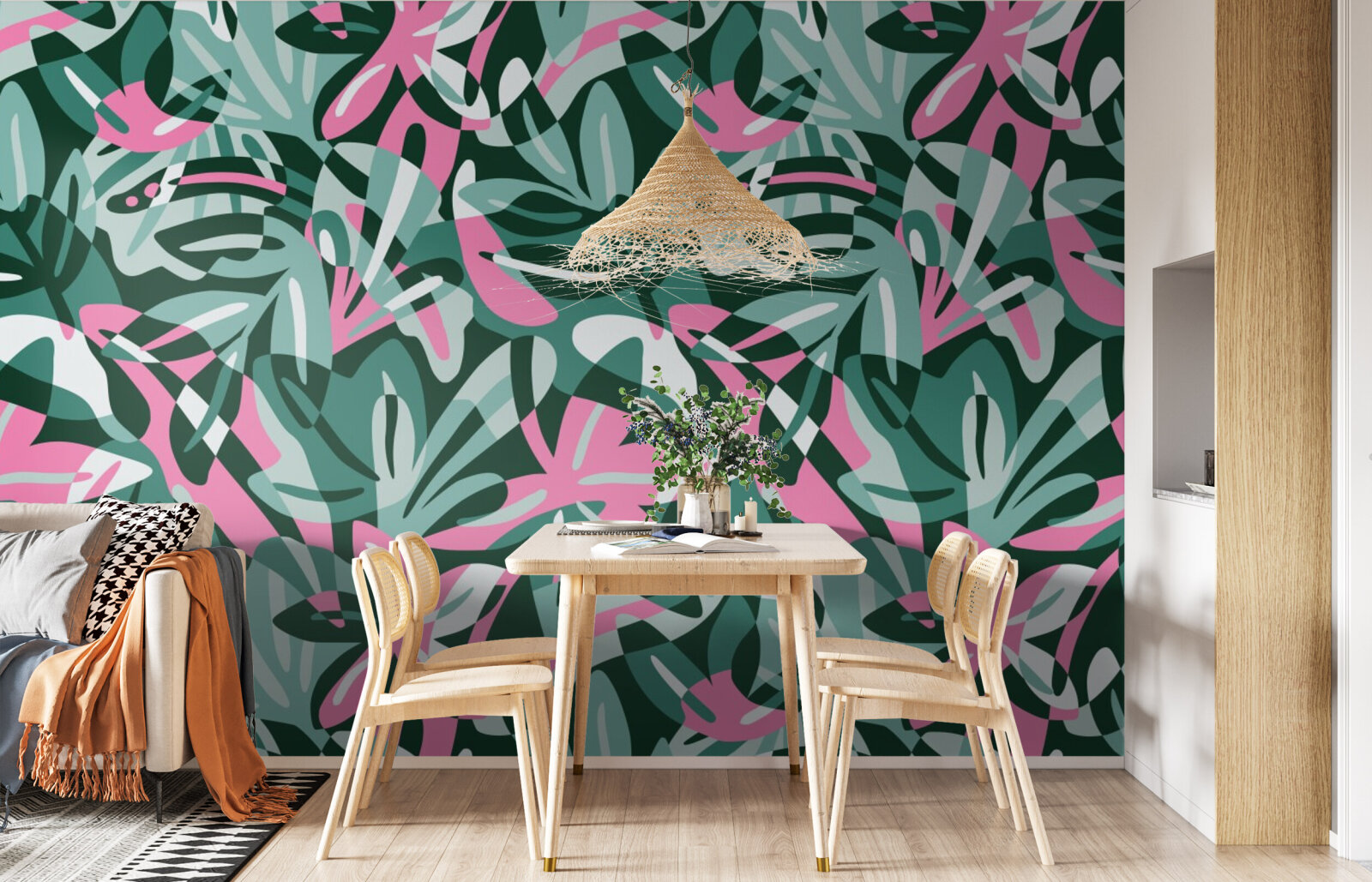 Green and pink maximalist leaves shapes