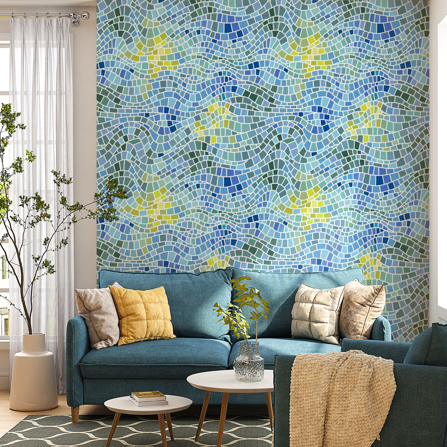 Swimming pool wavy mosaic blue green and yellow