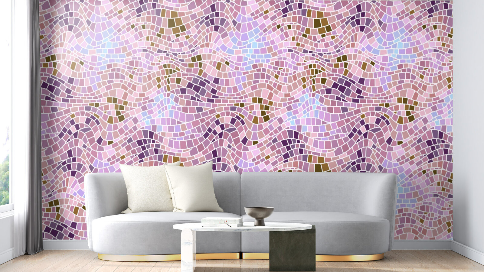 Pastel swimming pool wavy mosaic pink purple and blue