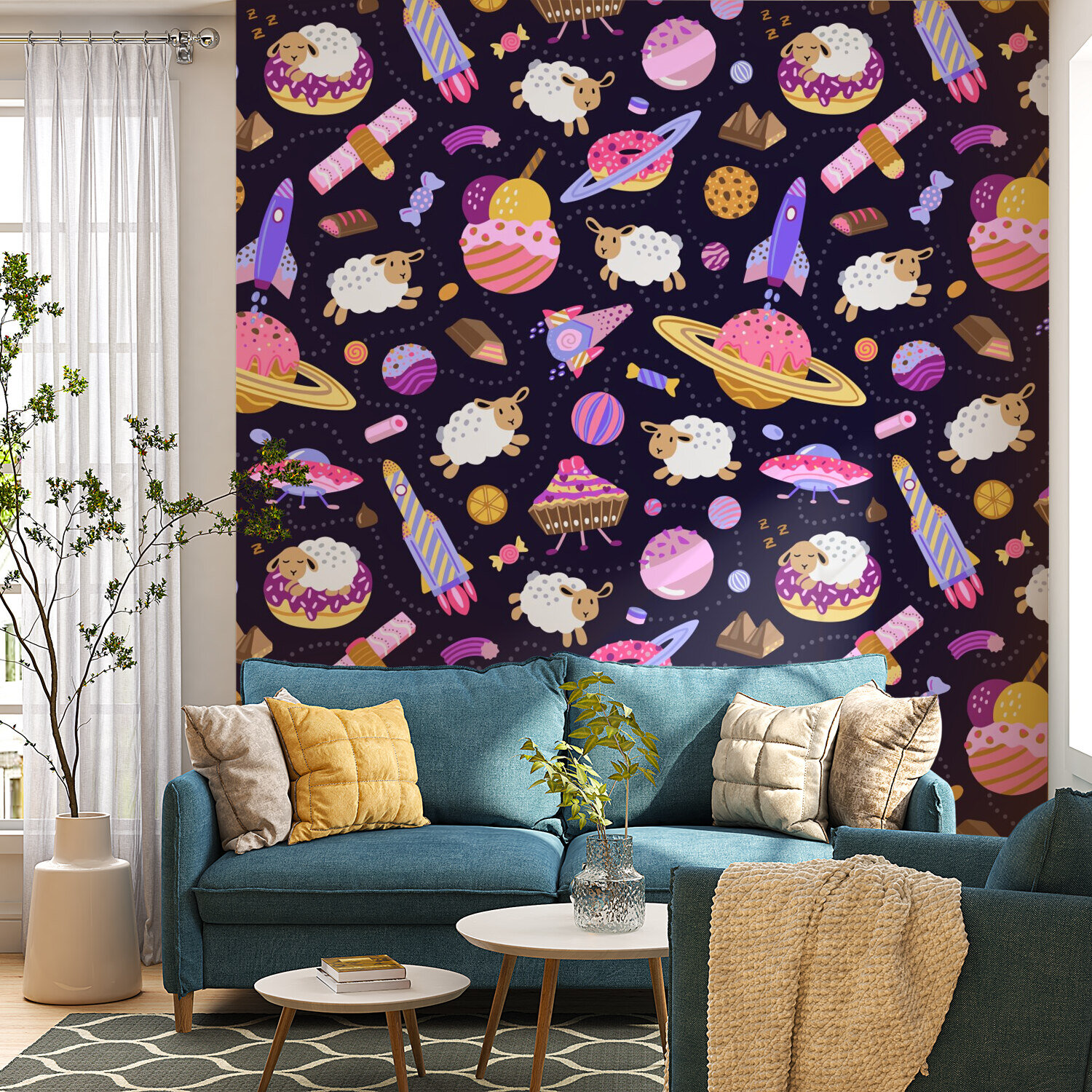 Very sweet dreams - counting sheep dreaming of candies and sweets in space