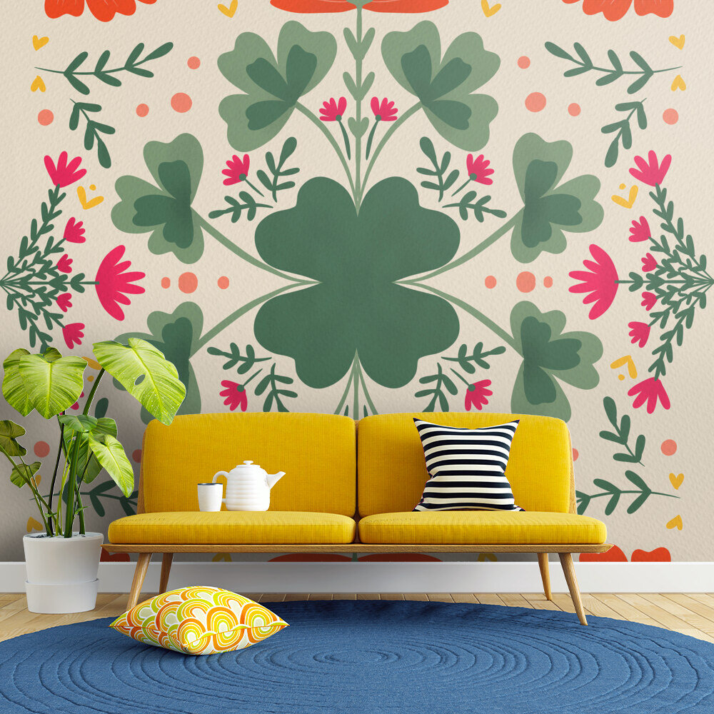Flowers and clovers green, orange and beige