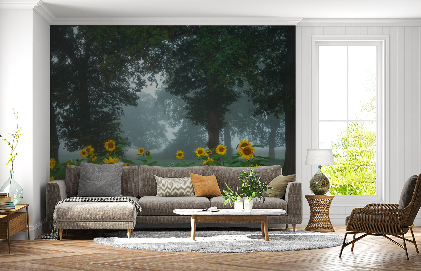 Sunflowers and tree on a foggy morning