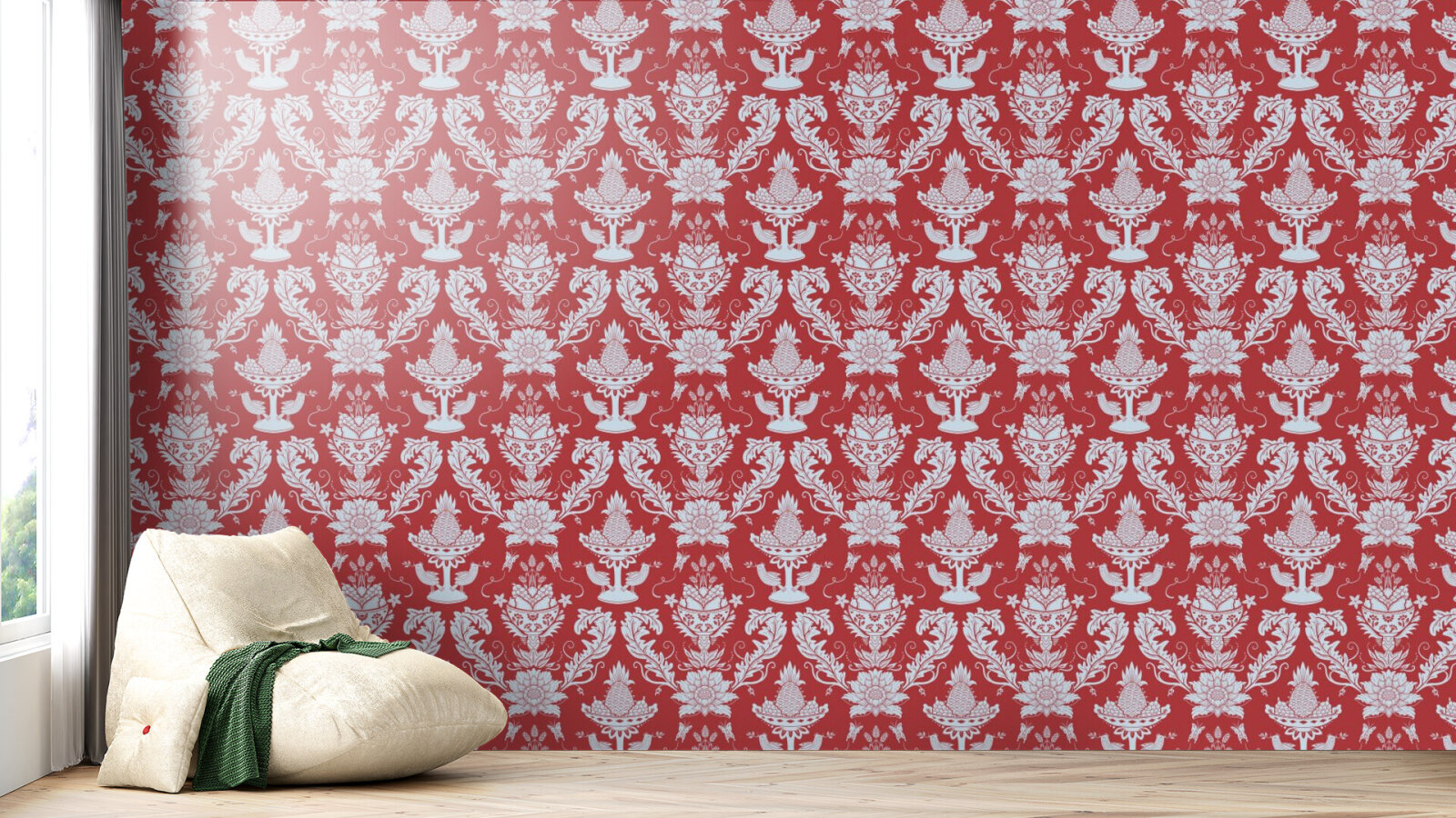Fruit bowls with acanthus and birds in Damask