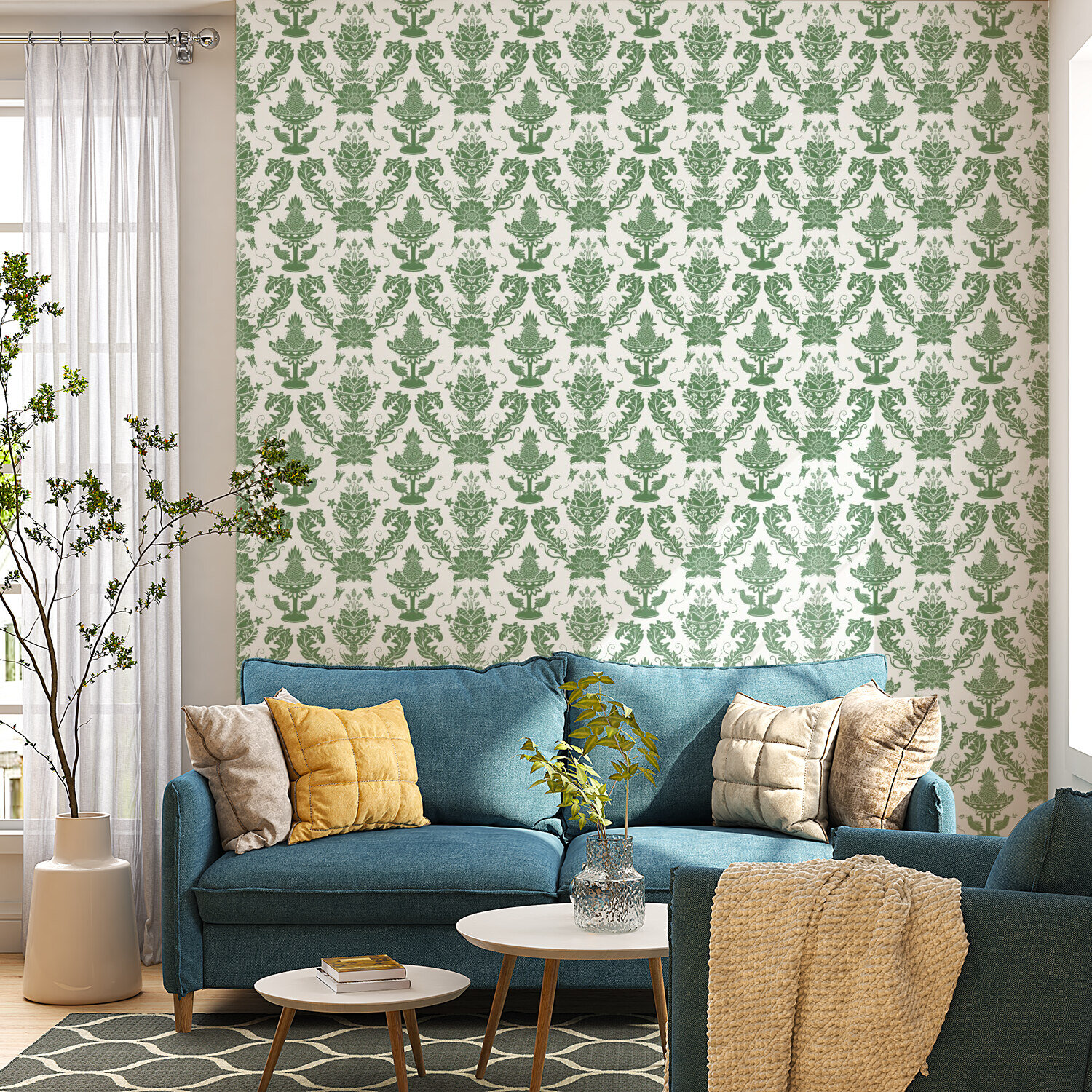 Green fruit bowls with birds - Damask