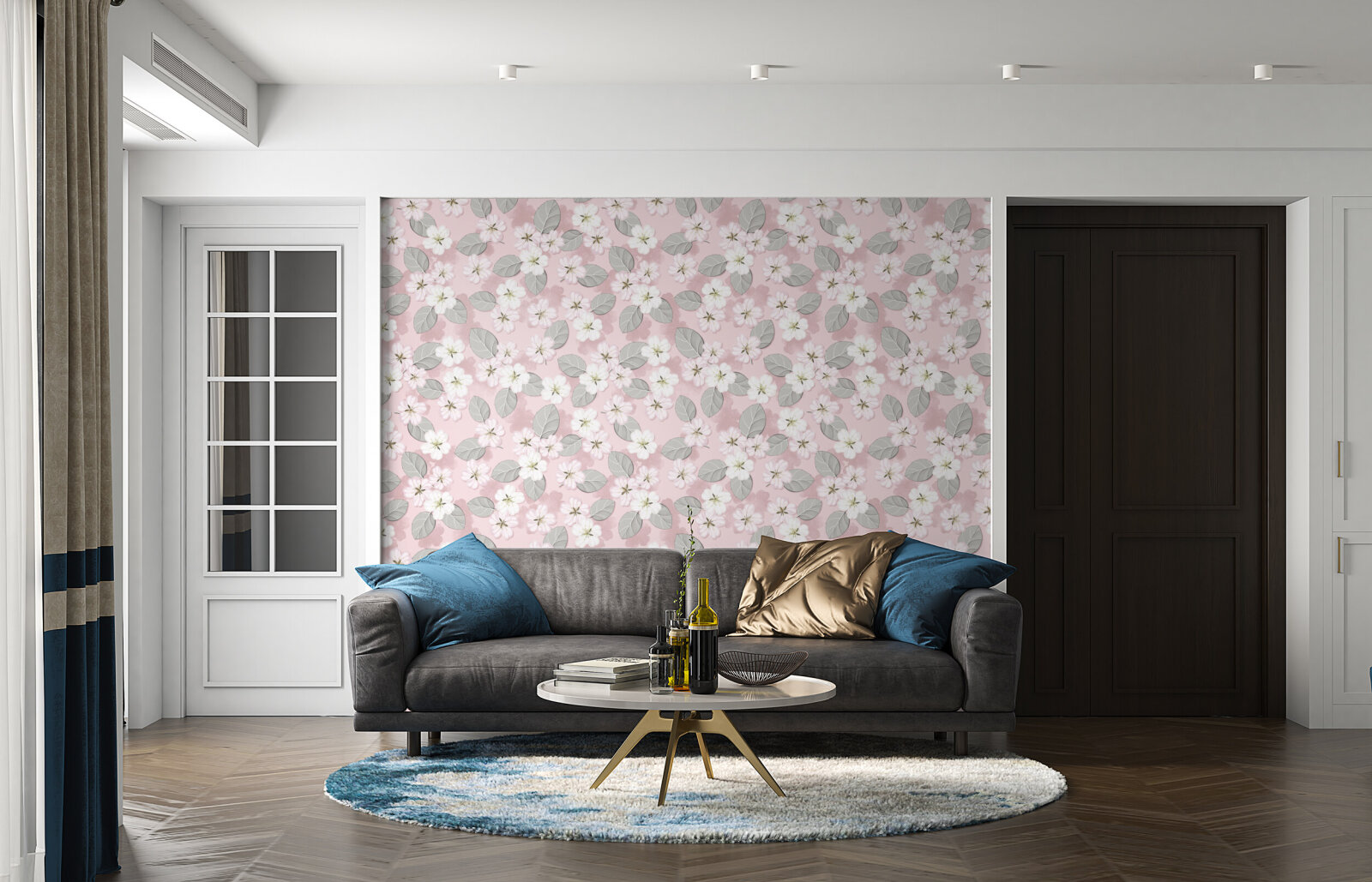 Apple blossom, Pink-white flowers, gray-green leaves, pink background