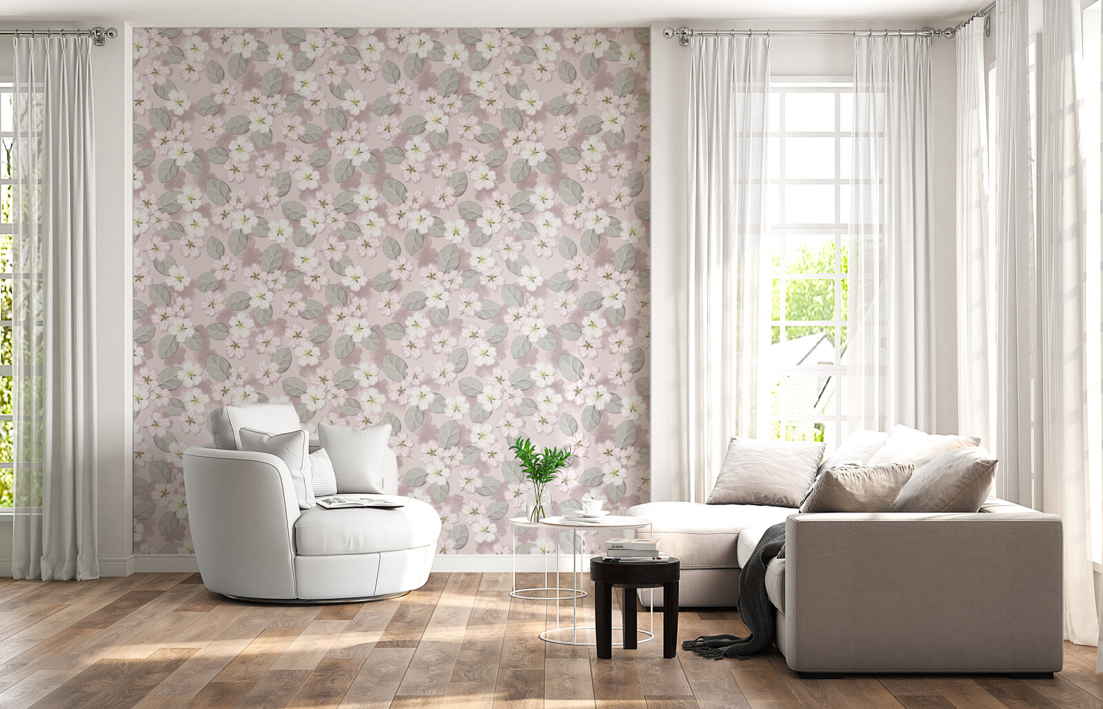 Apple blossom, Pink-white flowers, Beige background