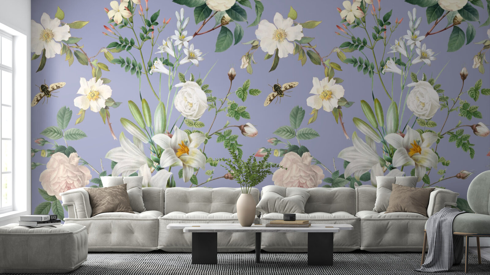 White Flowers Garden on Future Dusk Blue  - The Color of the Year 2025