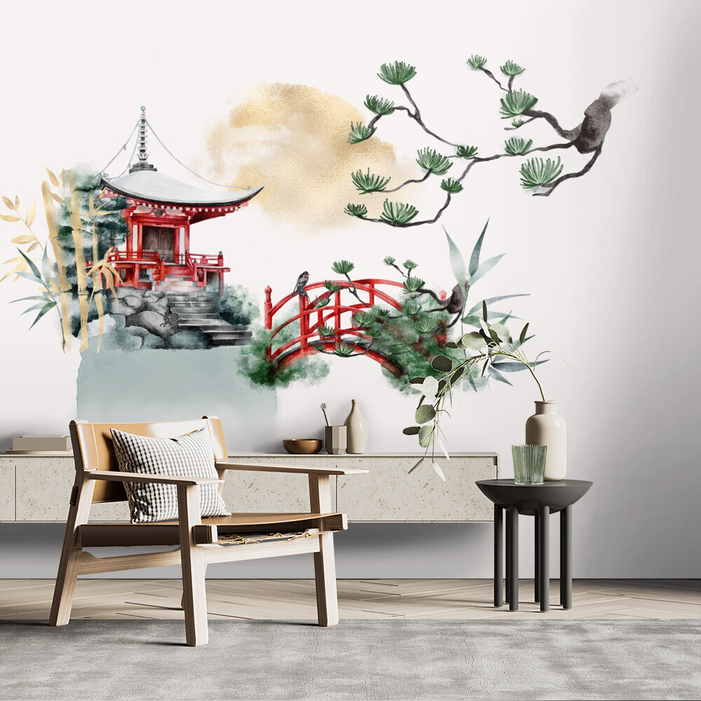 Temple in The Japanese Garden Watercolor Landscape