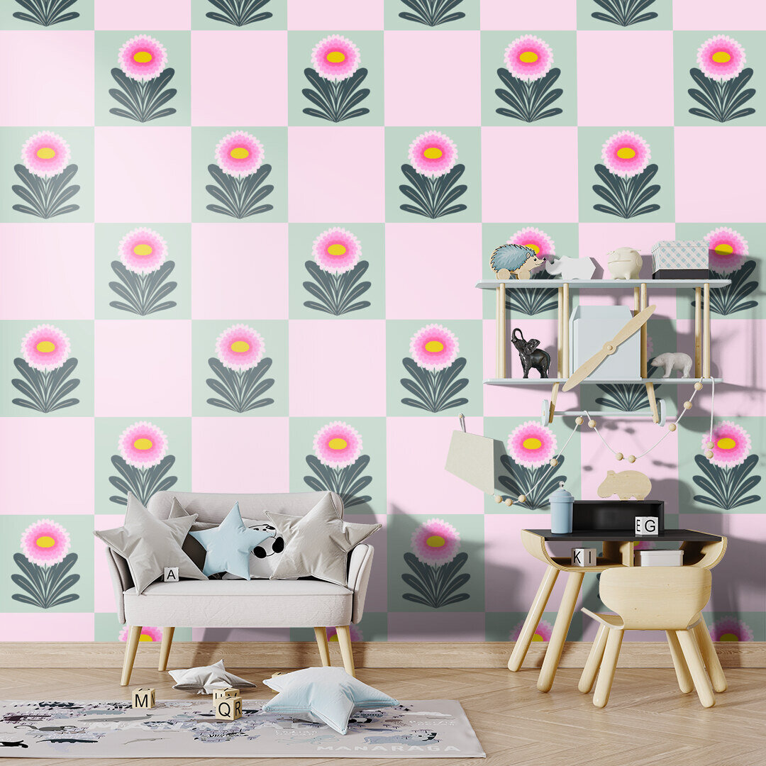 Chrysanthemum grid - pink and mint